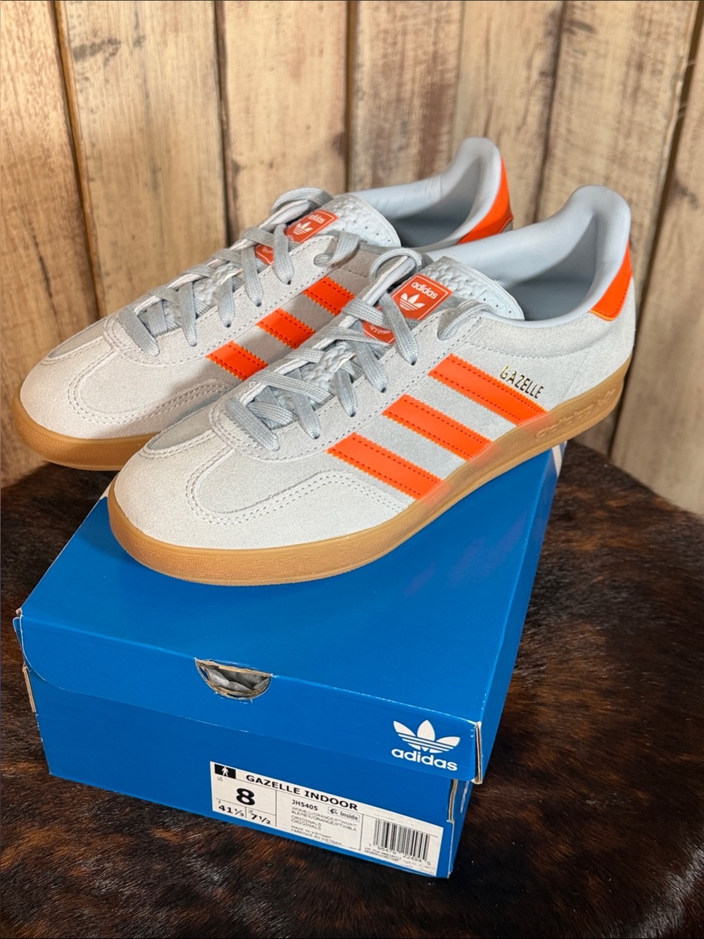 adidas Gazelle Indoor Sneakers in Light Blue Gray with Orange Stripes